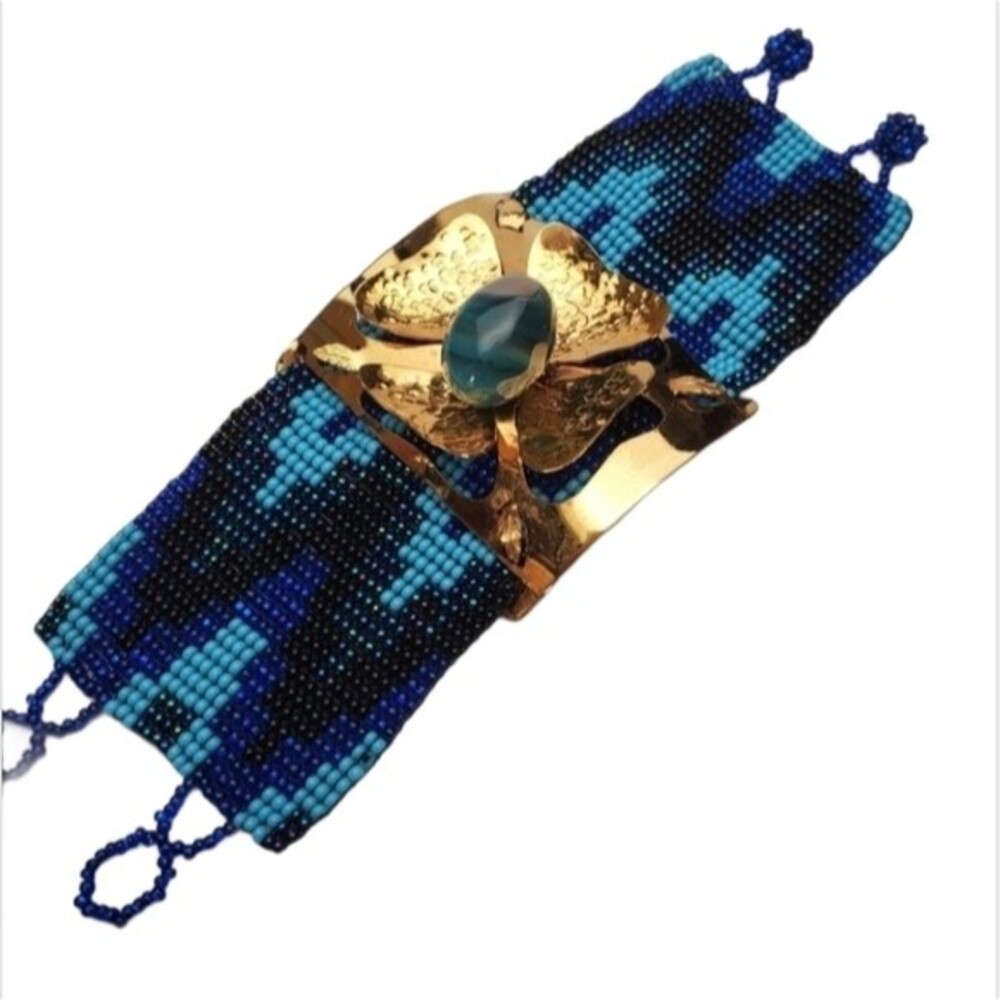 Bohemian Blue Gold Flower Halloween beaded Bracelet 6" *